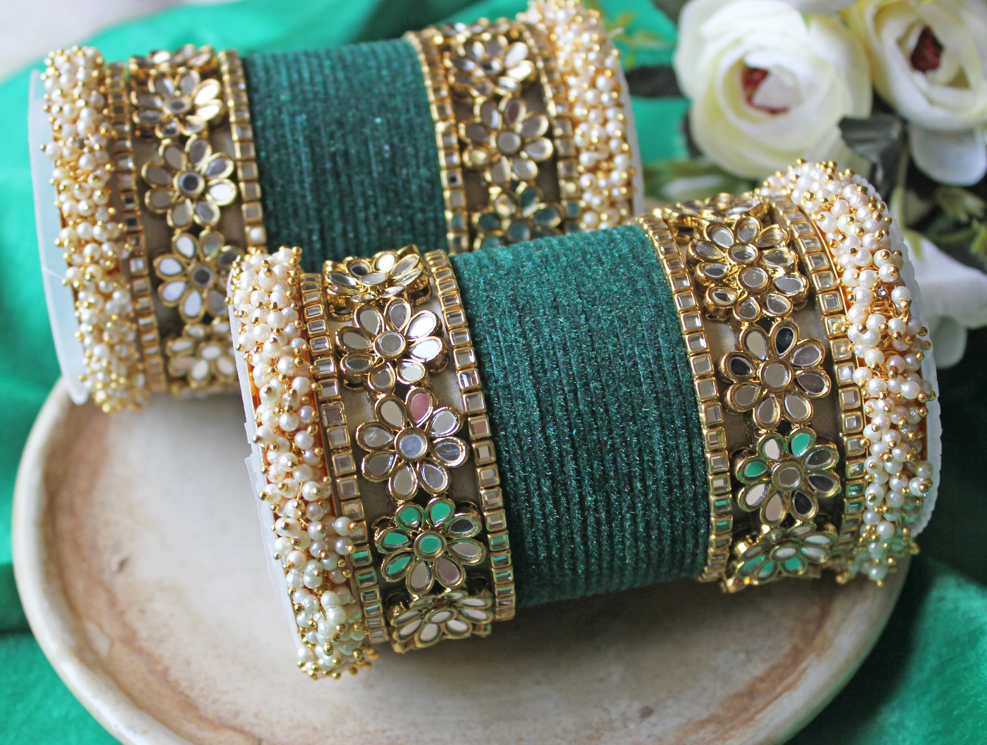 Flower Mirror Bangle Set with Velvet Bangles by Leshya Plus size - Image 6