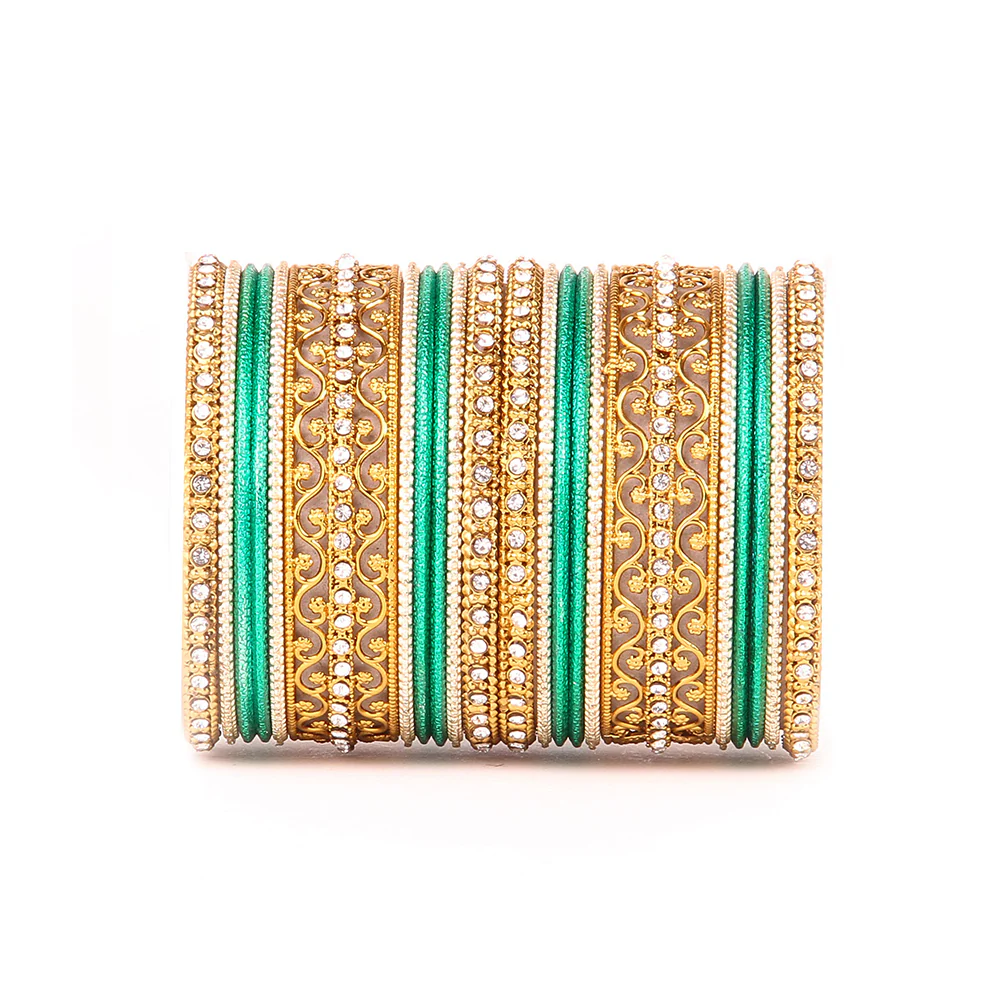 Intricate Bracelet With Running Stone Work And Shinning Bangle Set - Image 11
