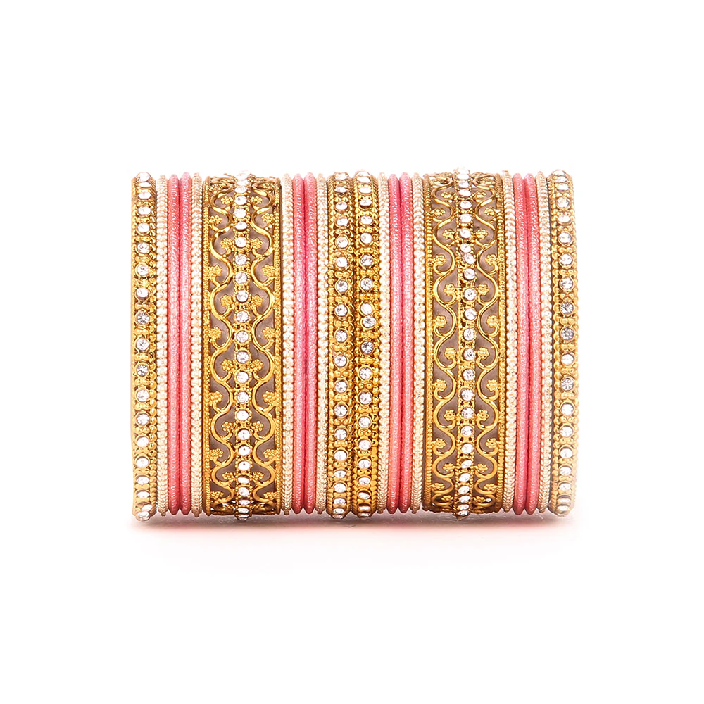 Intricate Bracelet With Running Stone Work And Shinning Bangle Set - Image 5