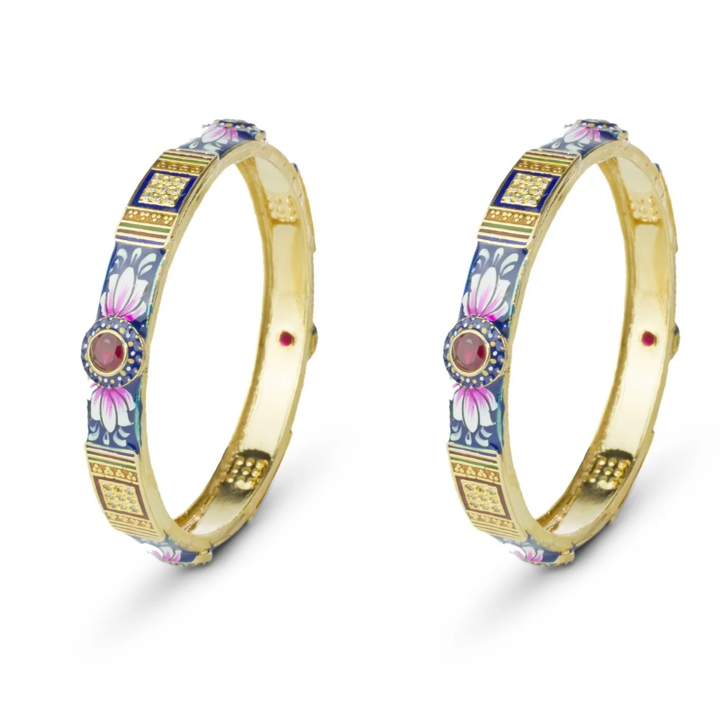 Set of 2 Traditional Hand-painted Meenakari Bracelets with Ruby-like stone for Daily Use - Image 5