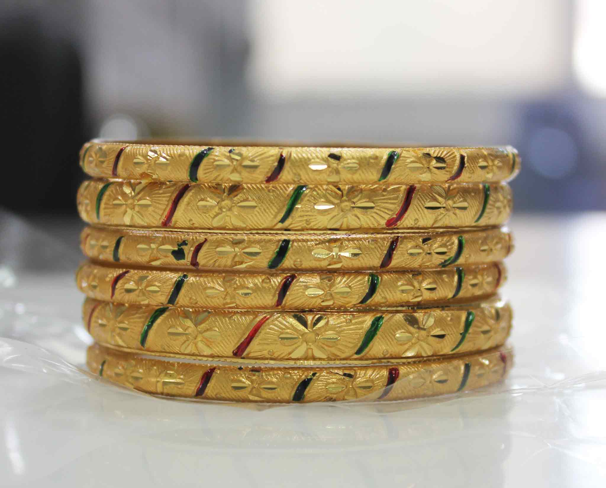Set Of 6 Gold Dyed Bracelets With Red And Green Intricate Meenakari Work - Image 3