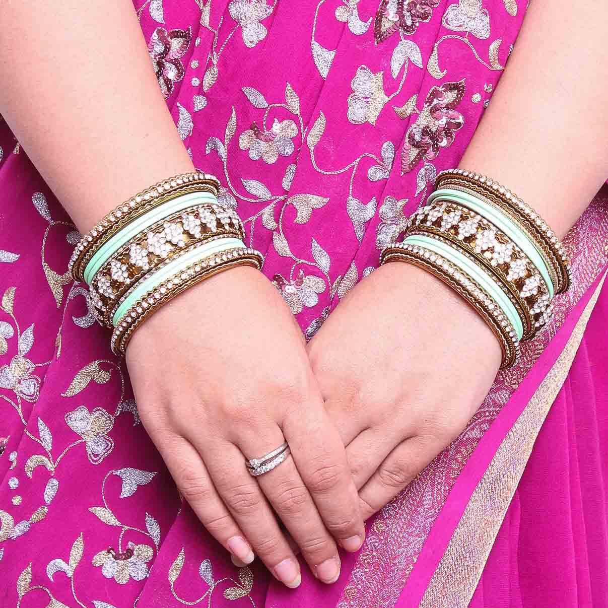 Stylish Matte Finish And Running Stone Pattern Bangle Set - Image 10