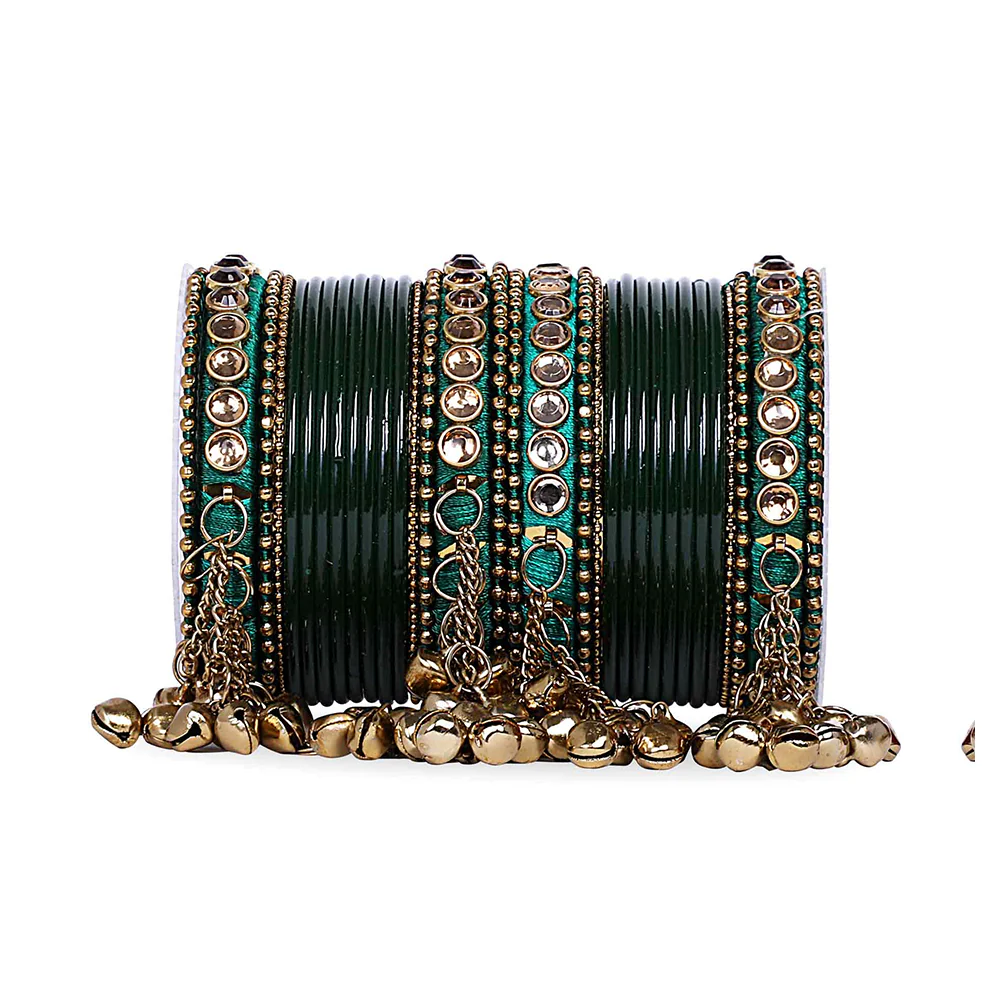 Traditional Ghungroo Bells Bangle With Silk Thread And Stone - Image 3