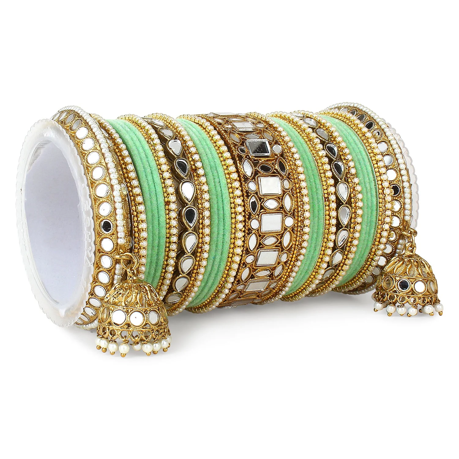 Traditional Mirror Bangle Set with Velvet Bangles with Jhumki by Leshya - Image 10