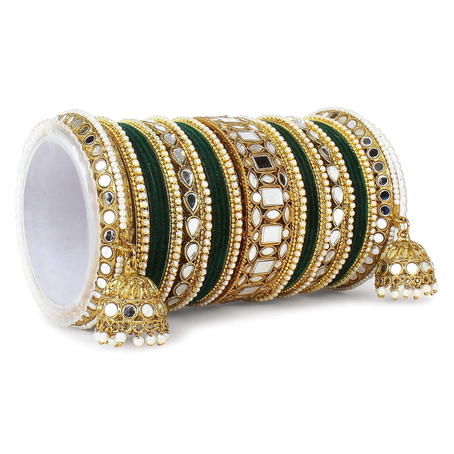Traditional Mirror Bangle Set with Velvet Bangles with Jhumki by Leshya - Image 12