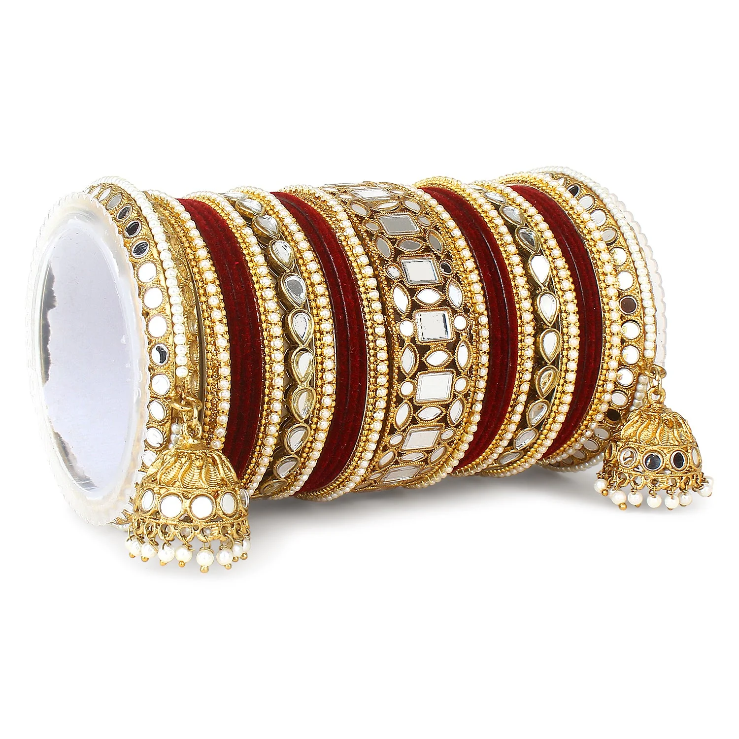 Traditional Mirror Bangle Set with Velvet Bangles with Jhumki by Leshya - Image 16