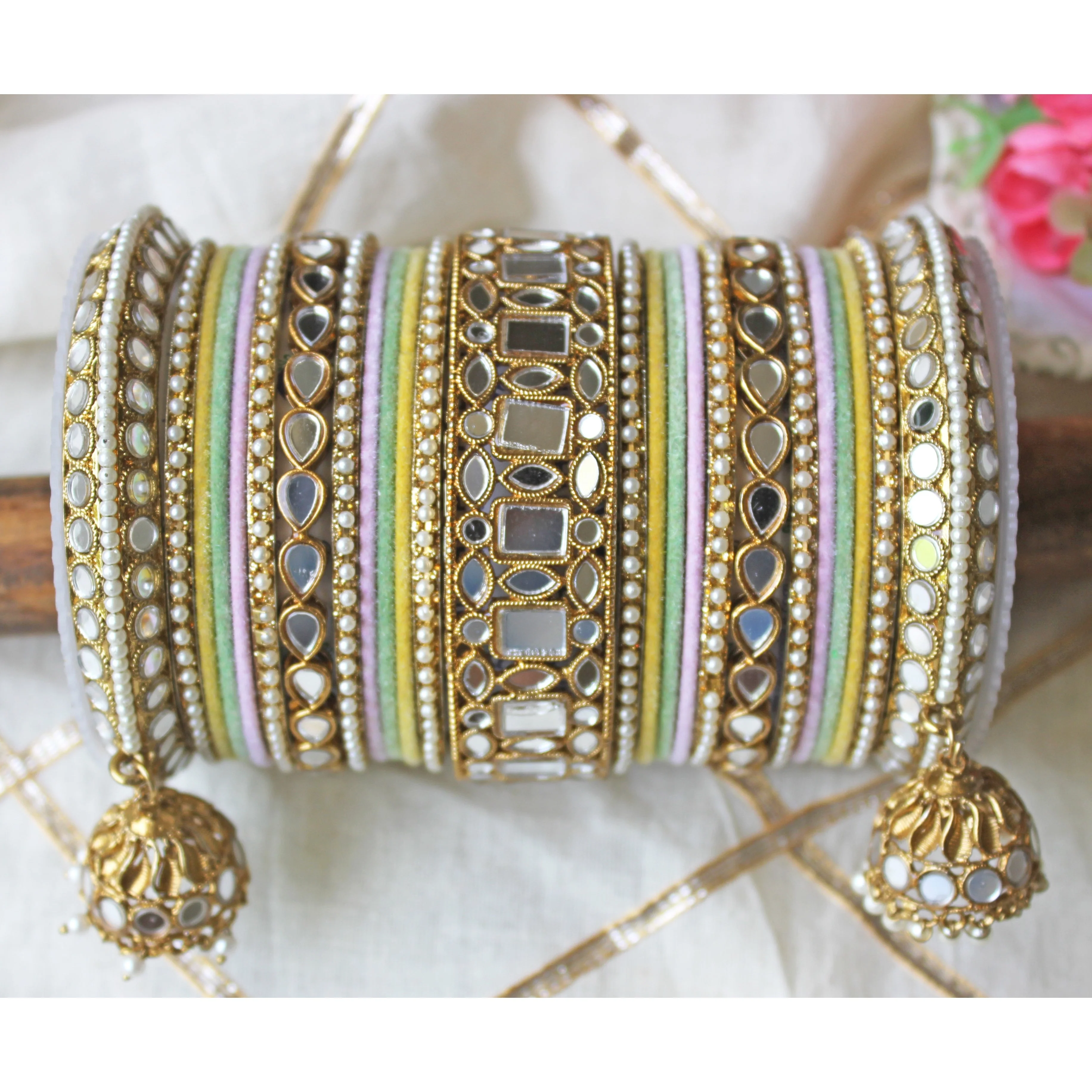Traditional Mirror Bangle Set with Velvet Bangles with Jhumki by Leshya - Image 4