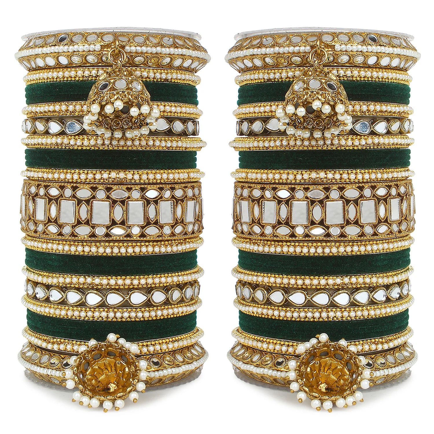 Traditional Mirror Bangle Set with Velvet Bangles with Jhumki by Leshya - Image 11
