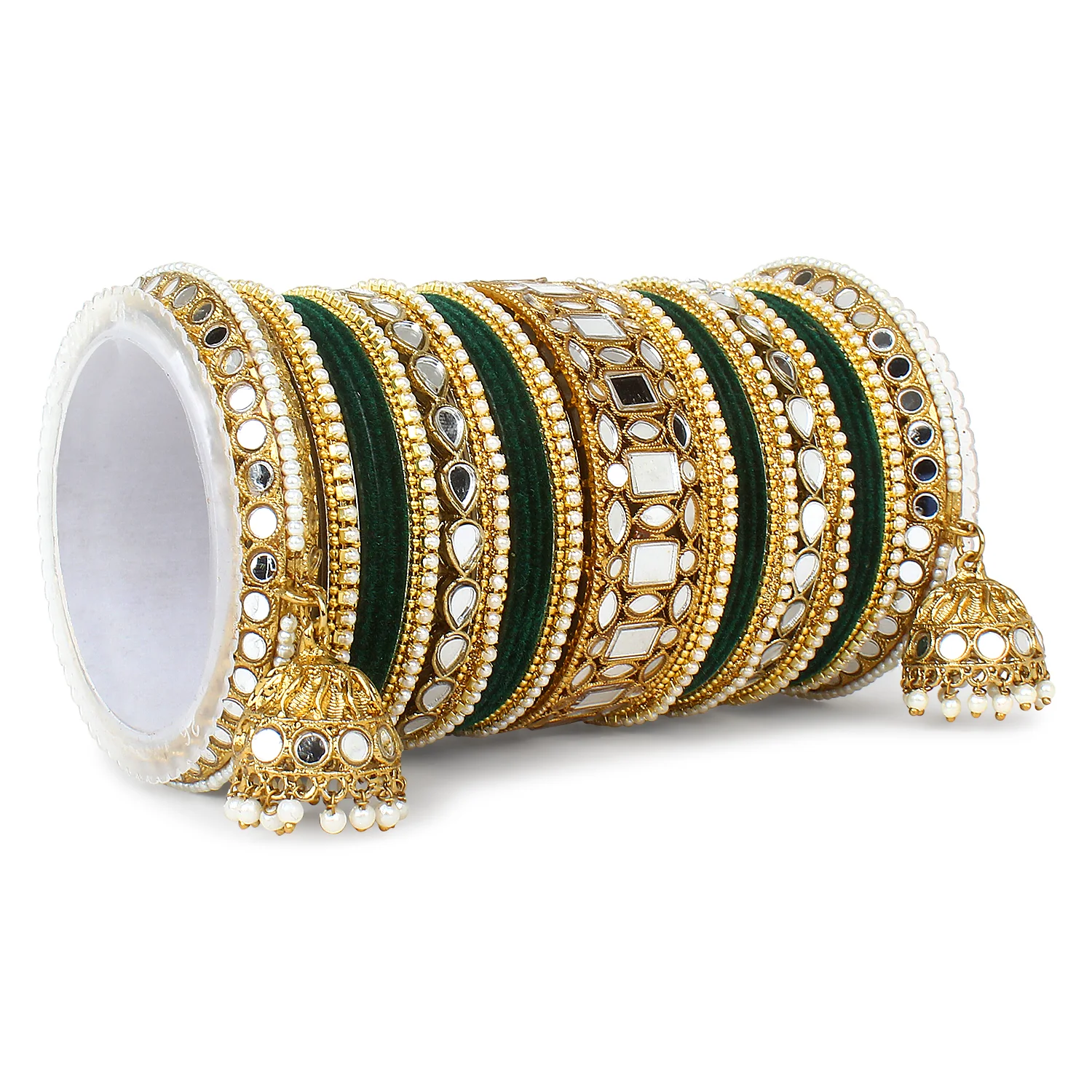 Traditional Mirror Bangle Set with Velvet Bangles with Jhumki by Leshya - Image 12