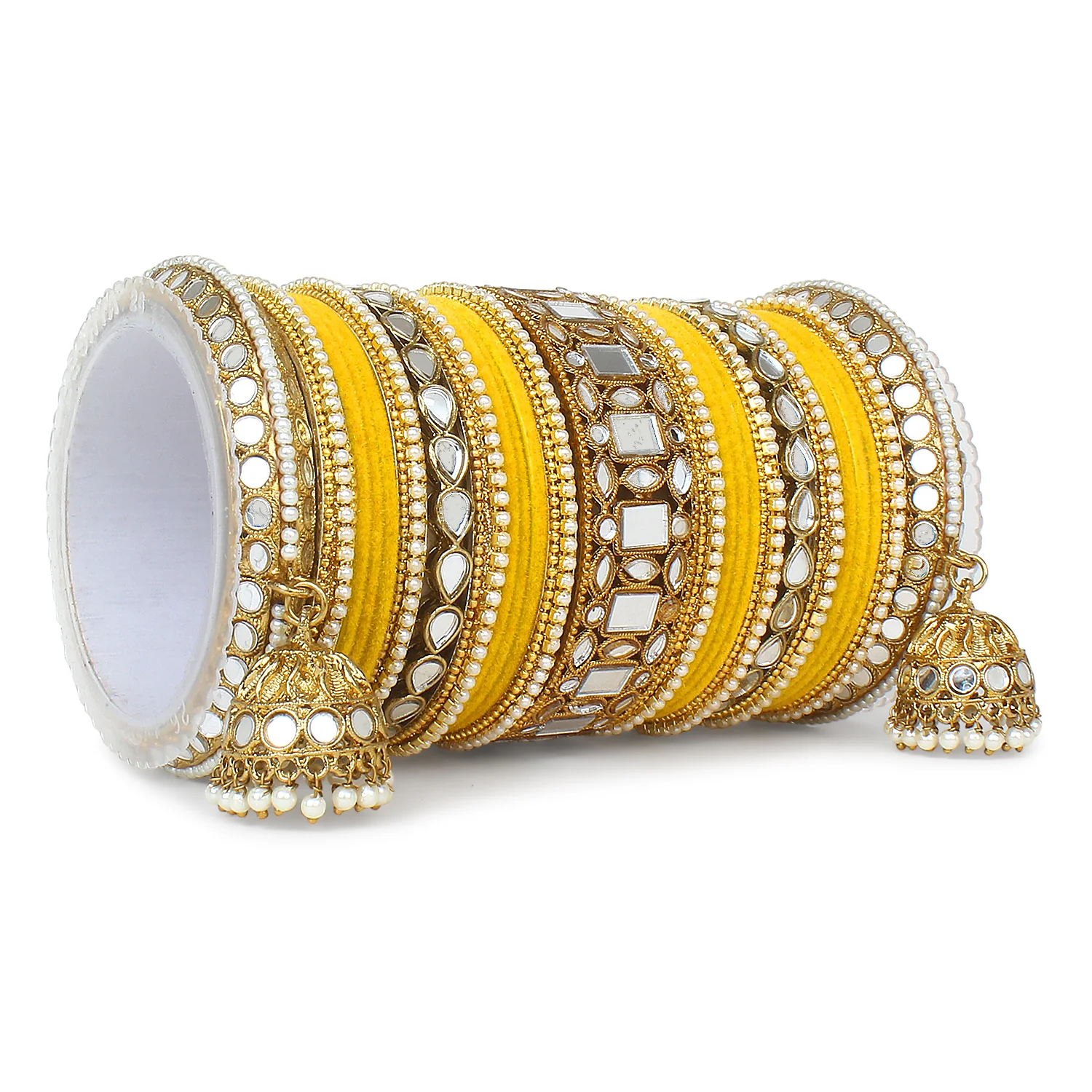 Traditional Mirror Bangle Set with Velvet Bangles with Jhumki by Leshya - Image 14