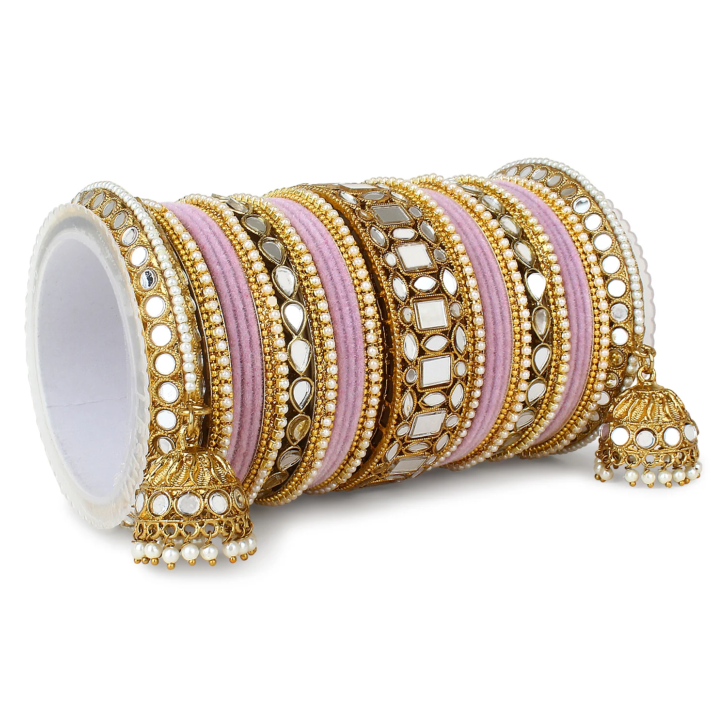 Traditional Mirror Bangle Set with Velvet Bangles with Jhumki by Leshya - Image 16