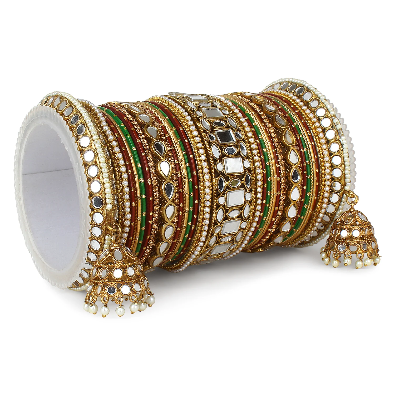 Traditional Mirror Bangle Set with Velvet Bangles with Jhumki by Leshya - Image 22