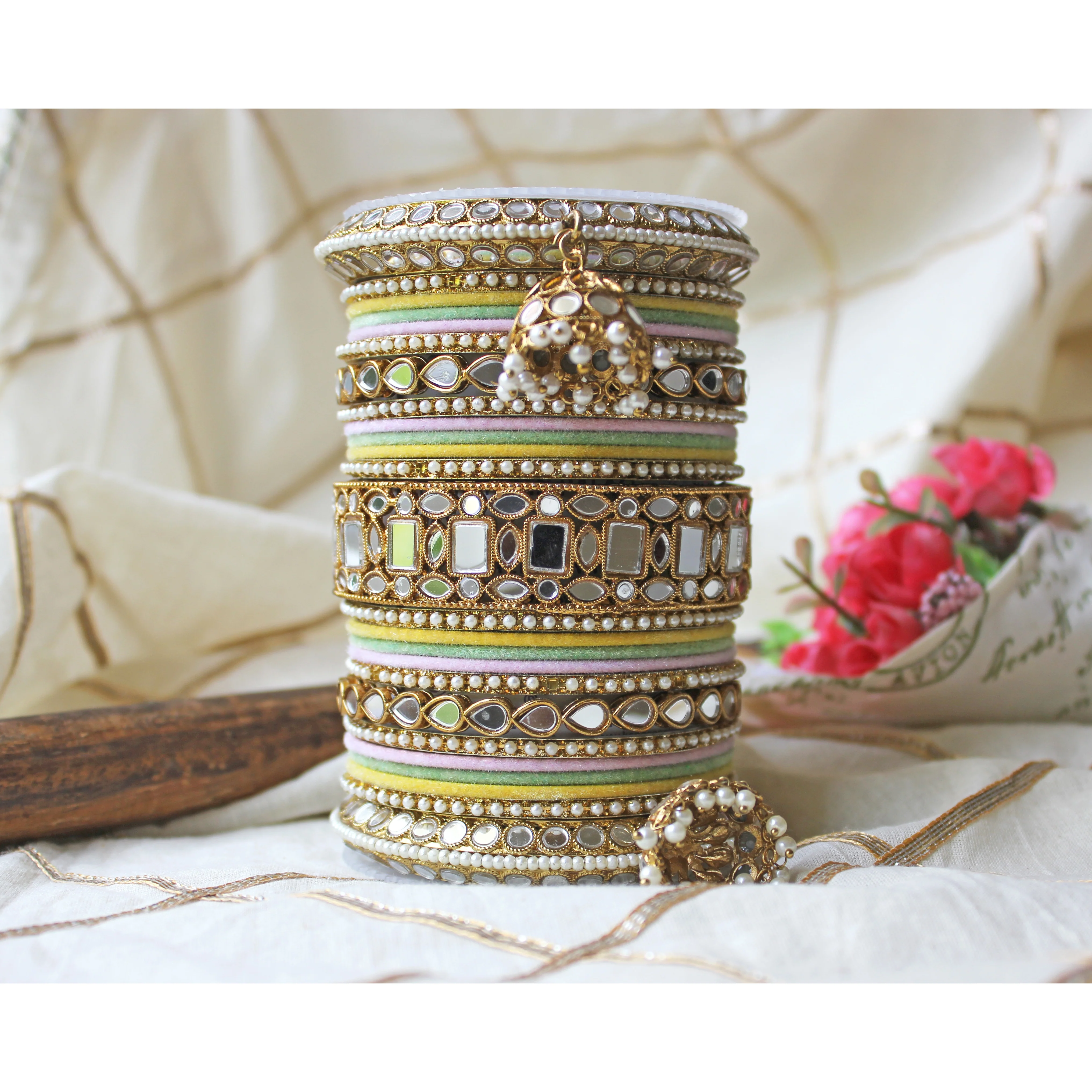 Traditional Mirror Bangle Set with Velvet Bangles with Jhumki by Leshya - Image 3