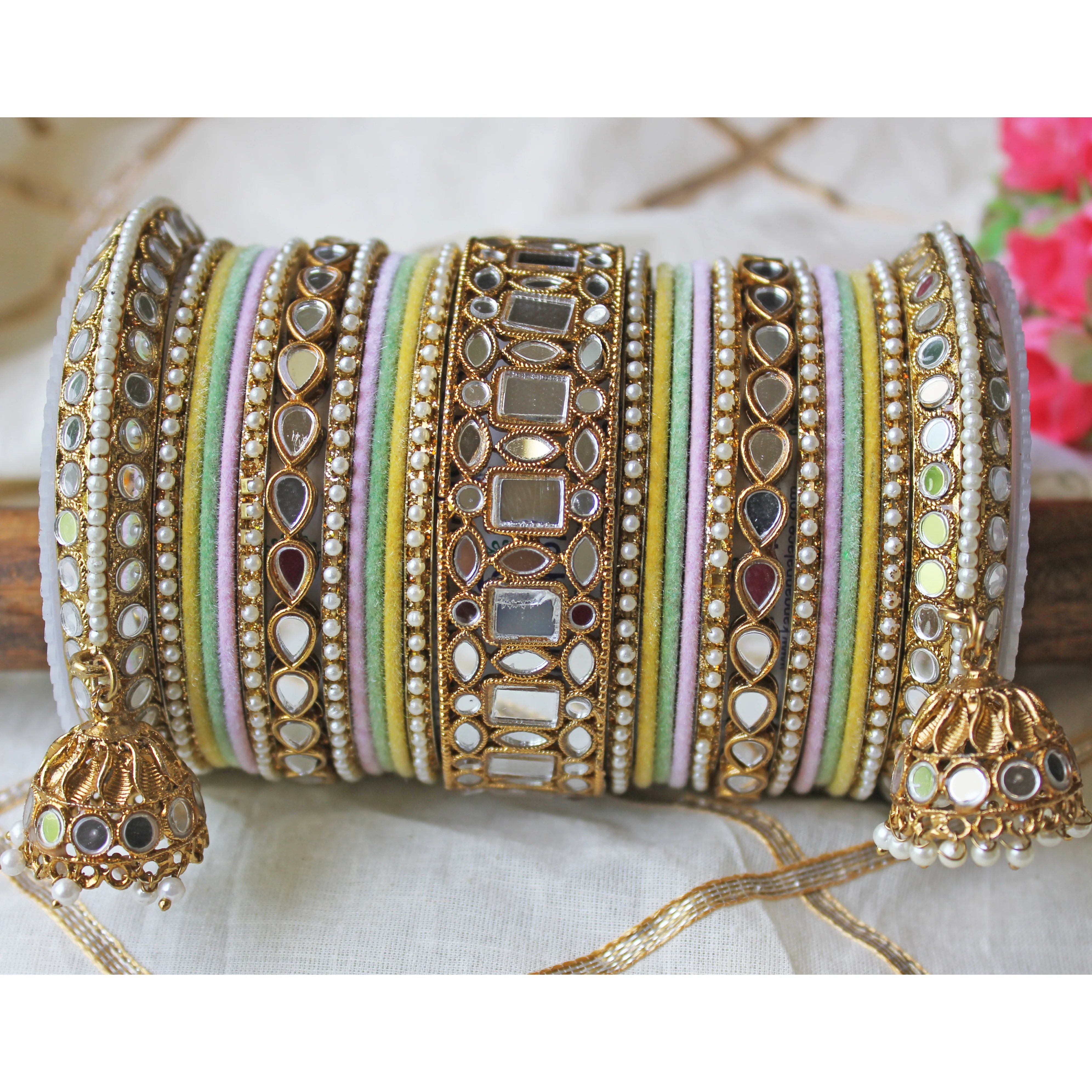Traditional Mirror Bangle Set with Velvet Bangles with Jhumki by Leshya - Image 4