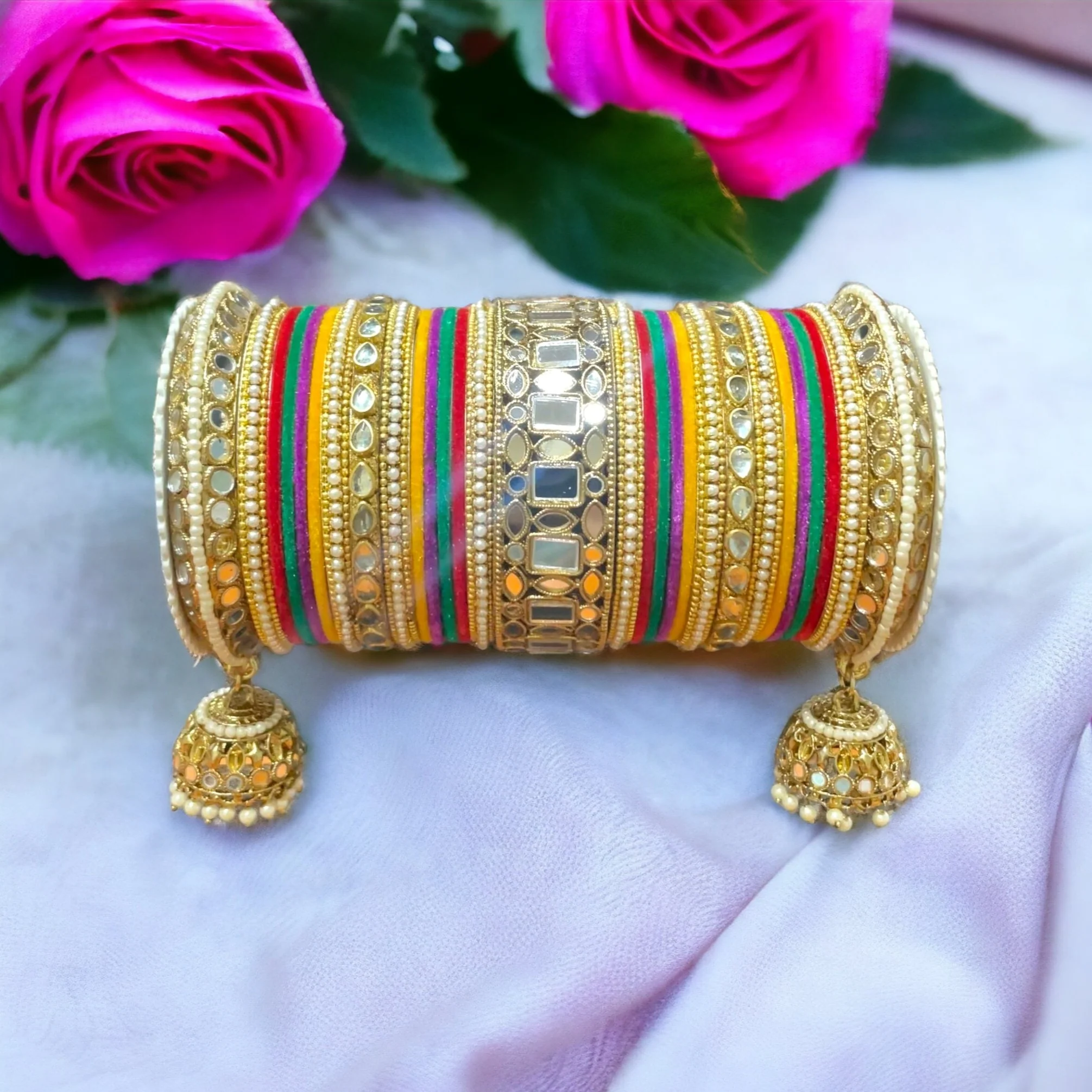 Traditional Mirror Bangle Set with Velvet Bangles with Jhumki by Leshya - Image 5