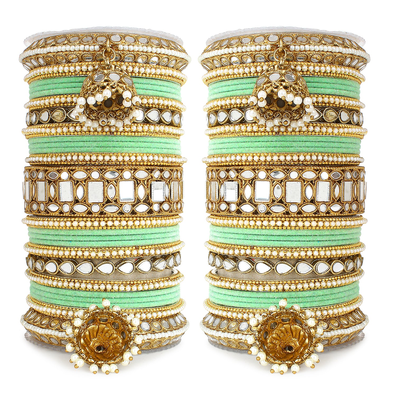 Traditional Mirror Bangle Set with Velvet Bangles with Jhumki by Leshya - Image 9