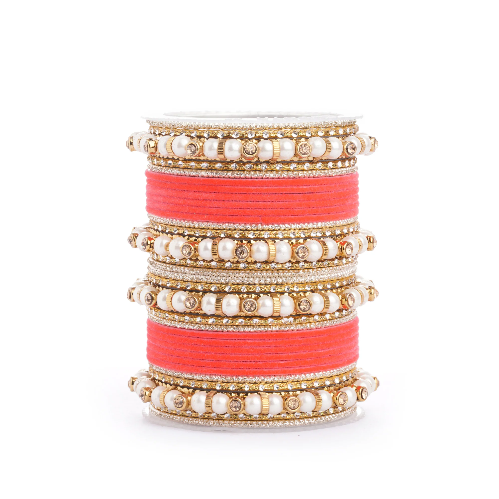 Traditional Velvet Bangle set with Pearl Bangles for Two Hands - Image 16